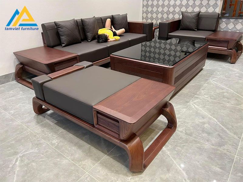 Mẫu sofa gỗ sồi nệm da SG-17