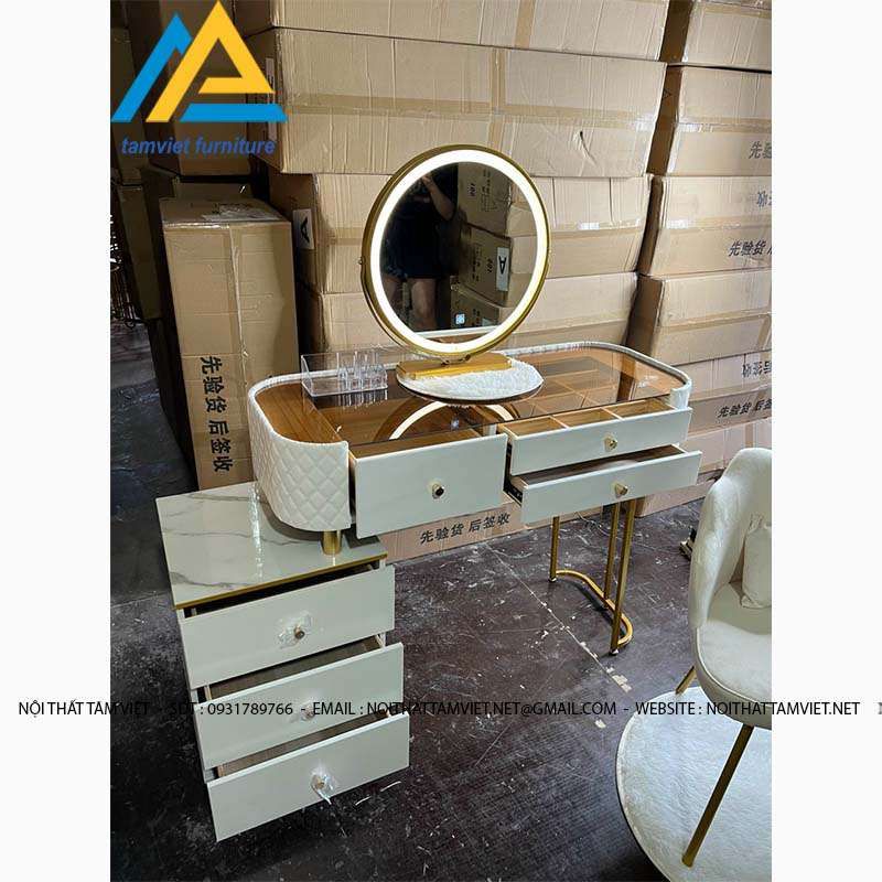 Bàn phấn gỗ công nghiệp bọc da mặt kính BTD-06